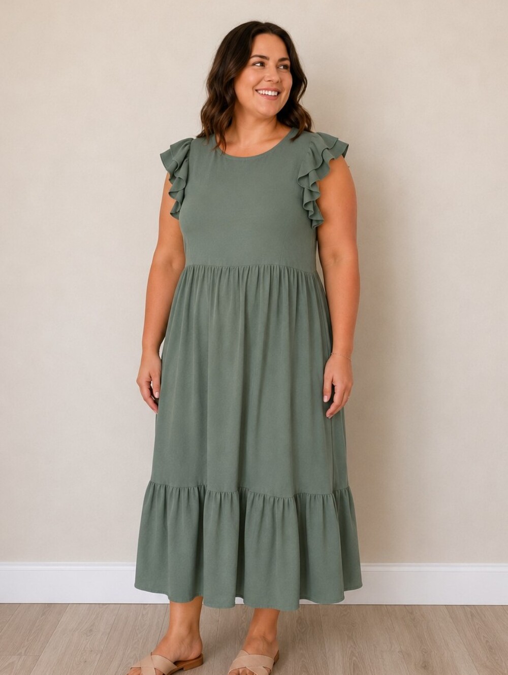 Sleeveless Ruffle Midi Dress in Olive Green - Large